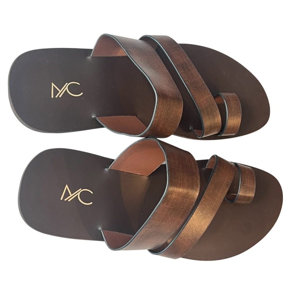 Women's Brown Leather Strappy Sandals Triple Strap Minimalist Slides Size 8